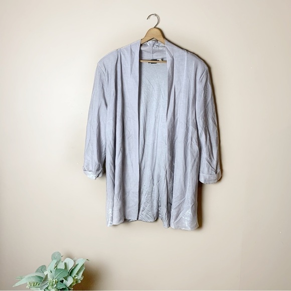 [H&M] Gray Metallic Silver Open Front 3/4 Sleeve Padded Shoulder Blazer - Picture 1 of 8